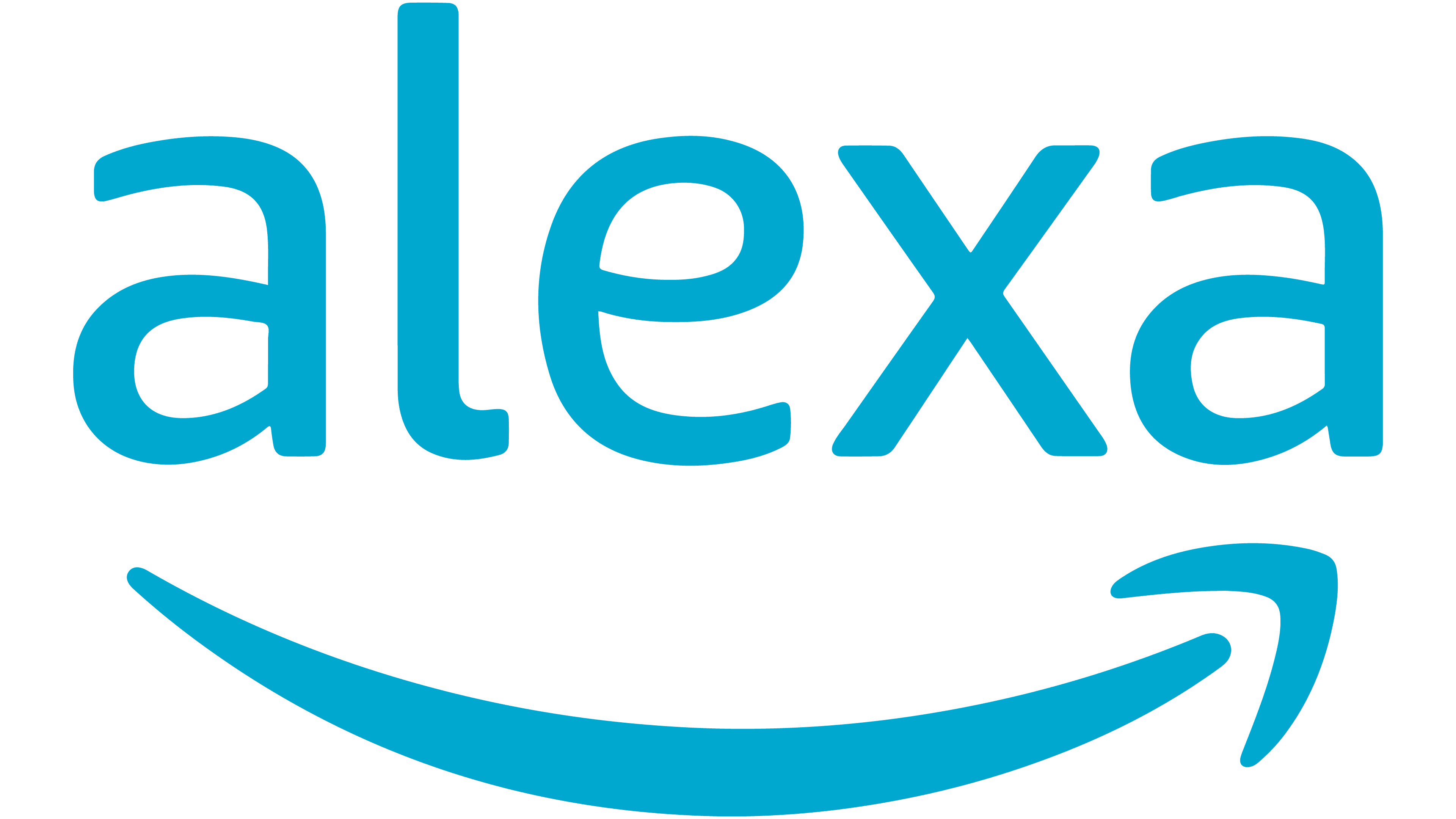 Alexa-logo Blue "alexa" text logo with a curved arrow beneath, resembling a smile.